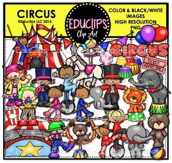 Colorful circus-themed clip art bundle featuring performers, animals, tents, and props in high-resolution PNG format.
