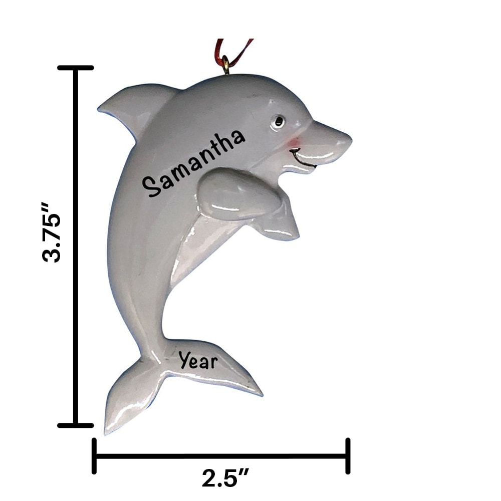 Personalized gray dolphin ornament with name "Samantha" and "Year", 3.75" tall, 2.5" wide, hanging from red ribbon.