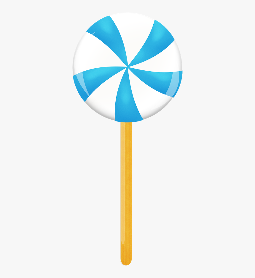 Blue and white swirled lollipop on a wooden stick, glossy candy surface with light reflections.
