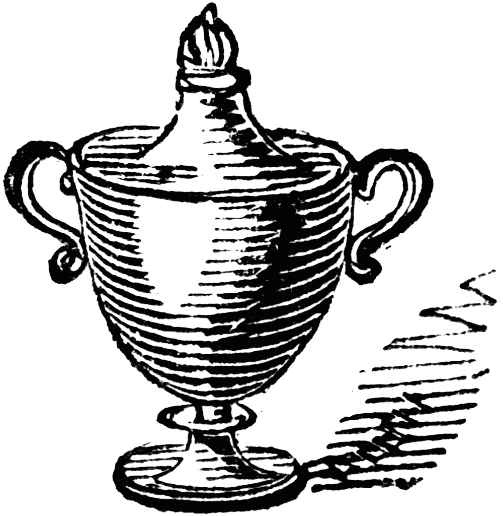 Black-and-white line drawing of an ornate two-handled urn with lid and flame motif, rendered in hatched shading.