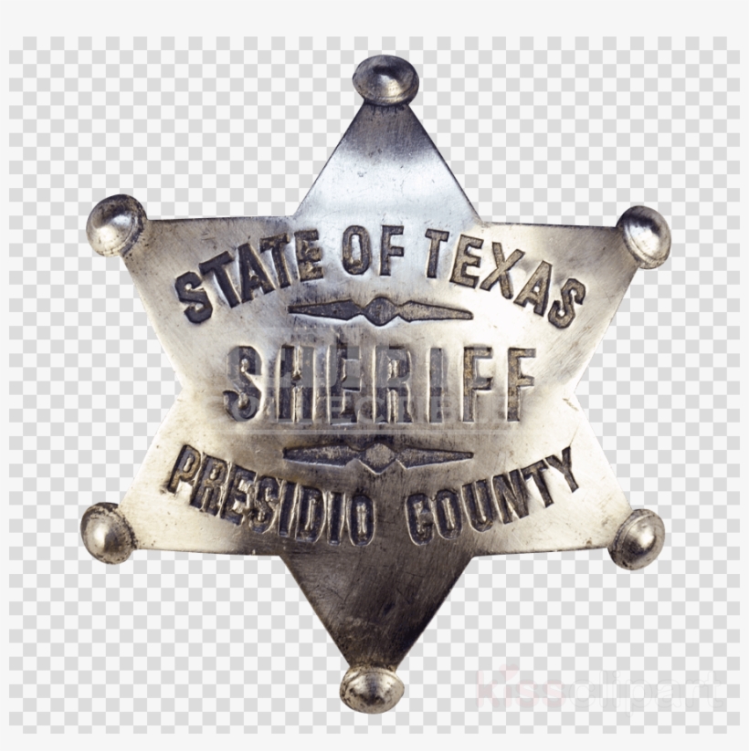 Vintage silver six-pointed star sheriff badge for Presidio County, State of Texas, with embossed lettering and rivets.