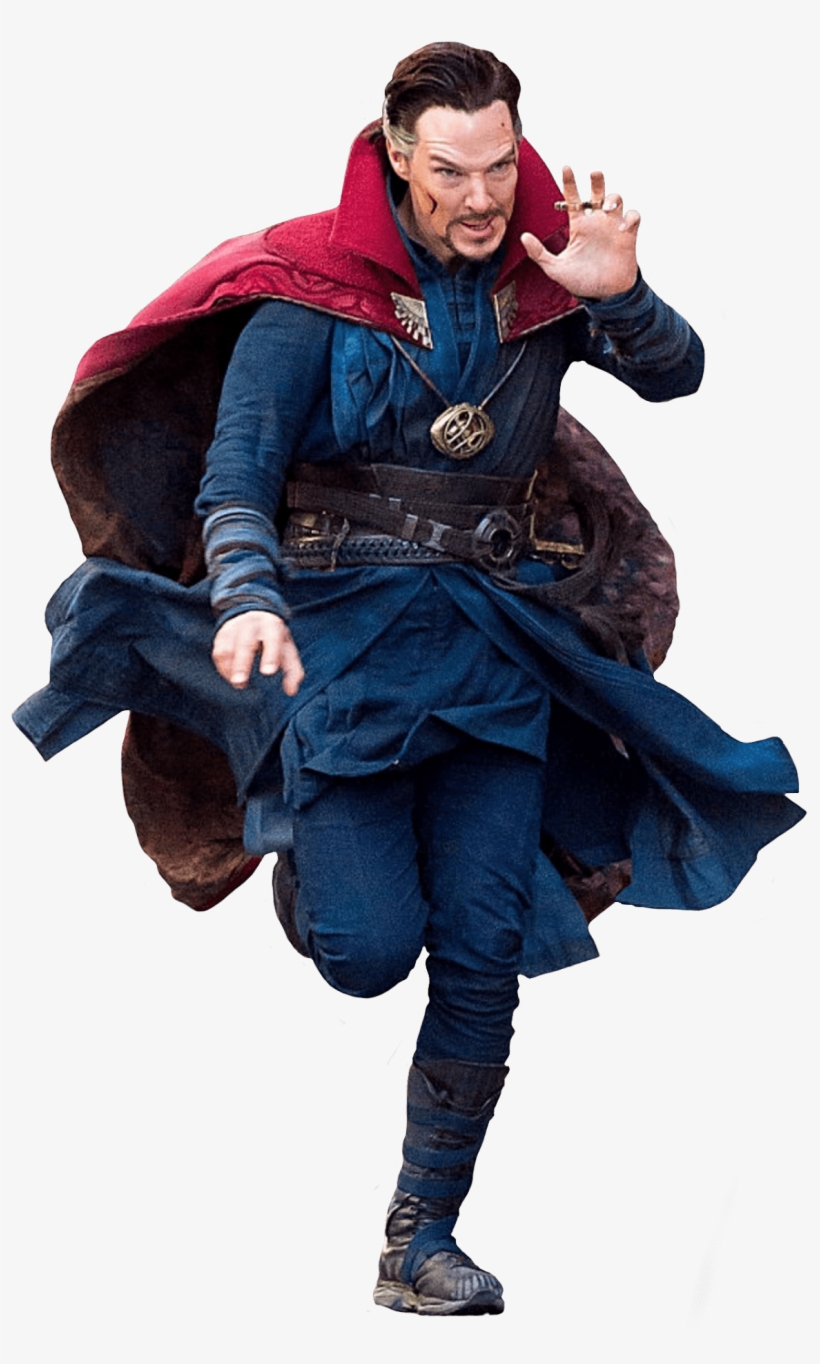Doctor Strange in his iconic blue robe and red Cloak of Levitation, casting a spell with focused intensity.