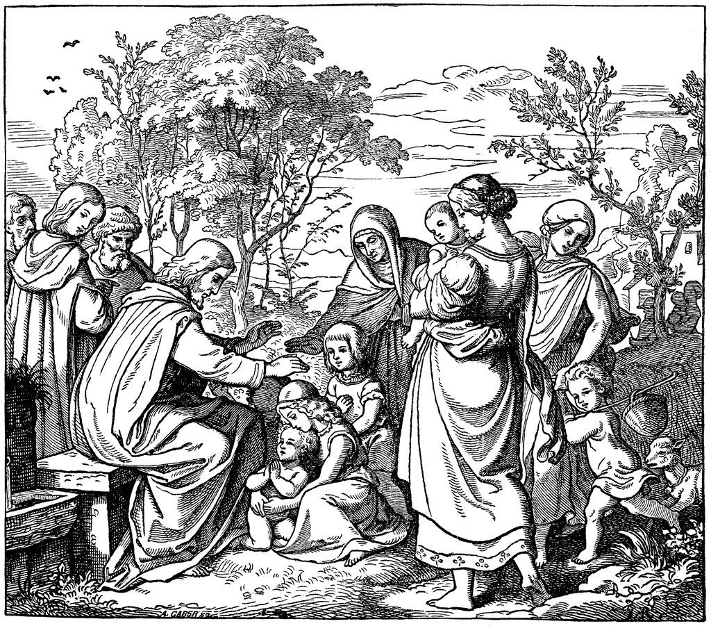 Jesus blessing children surrounded by women and disciples in a pastoral setting, engraved illustration by J. Caspar.
