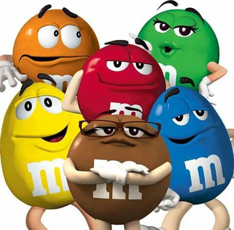 Six colorful M&M’s characters-red, yellow, green, blue, orange, and brown-pose together with expressive faces and arms crossed or gesturing.