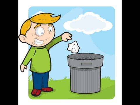 A smiling cartoon boy in a green shirt throws crumpled paper into a gray trash can outdoors.