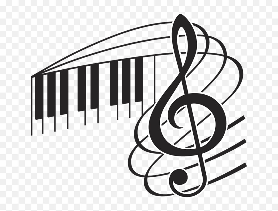 Black-and-white illustration of piano keys merging into a treble clef with flowing musical staff lines.