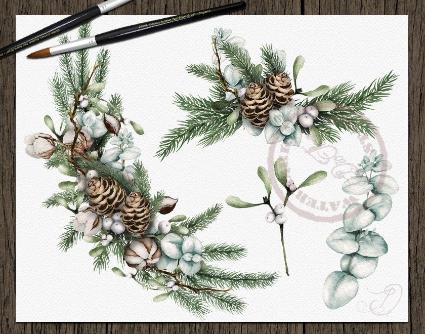 Watercolor illustration of winter botanicals including pine branches, pinecones, cotton, eucalyptus, and mistletoe with paintbrushes on wood background.