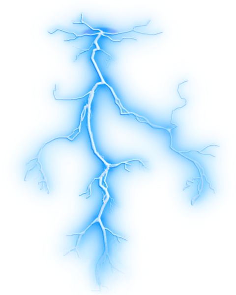 A vivid blue lightning bolt with branching forks against a white background, illustrating electric discharge.
