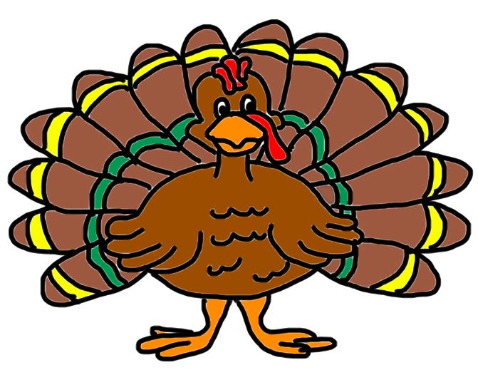 Colorful cartoon turkey with brown body, fanned tail feathers in brown, yellow, and green, red wattle, and orange feet.