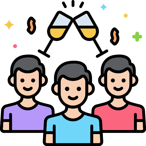 Three diverse cartoon-style people smiling together with decorative icons above them.
