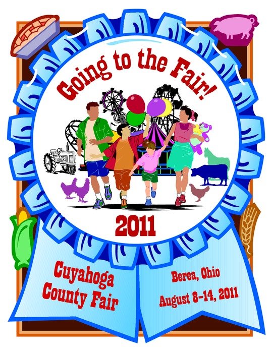 2011 Cuyahoga County Fair poster featuring a family, farm animals, rides, and food icons in a blue ribbon design.