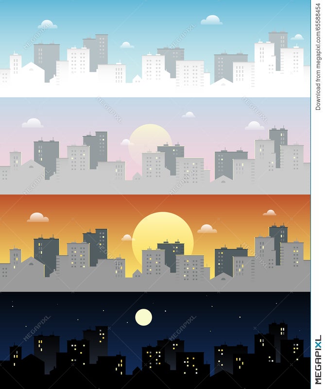 Four-panel cityscape illustration showing day, dusk, sunset, and night cycles with changing sky colors and building lighting.