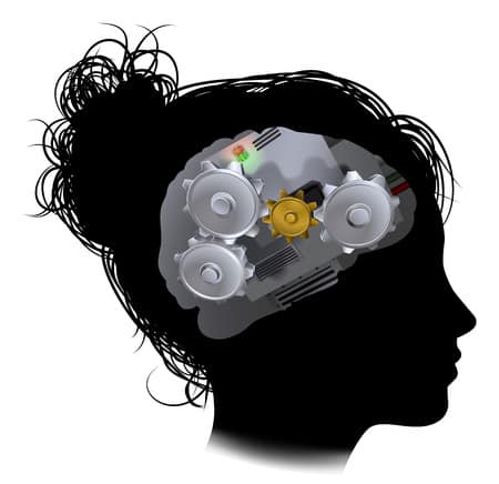 Silhouette of a person’s head with visible mechanical gears and circuitry inside, symbolizing cognitive processing or AI thinking.