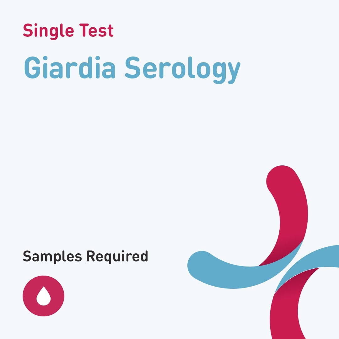 Giardia Serology single test requiring blood sample, shown with red and blue abstract medical design.
