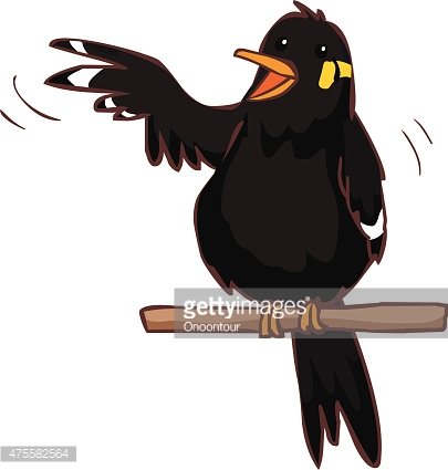 Cartoon black bird with yellow beak and eye patch, perched on branch, gesturing dramatically with wing.