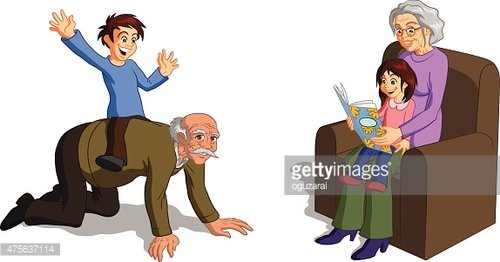 A joyful boy rides on his grandfather’s back while a grandmother reads to a girl in a cozy armchair, depicting intergenerational bonding.