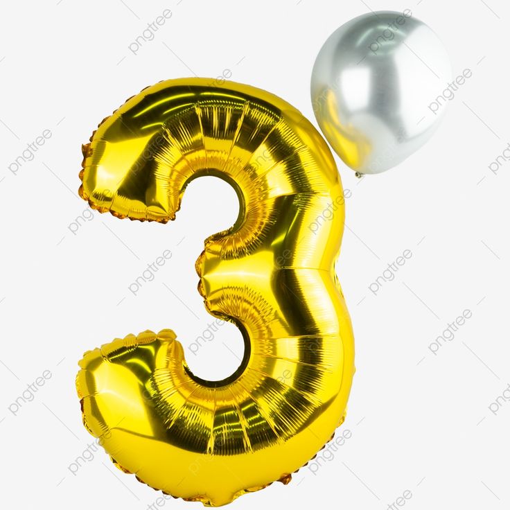Shiny gold number 3 foil balloon with a silver round balloon beside it, isolated on white background.