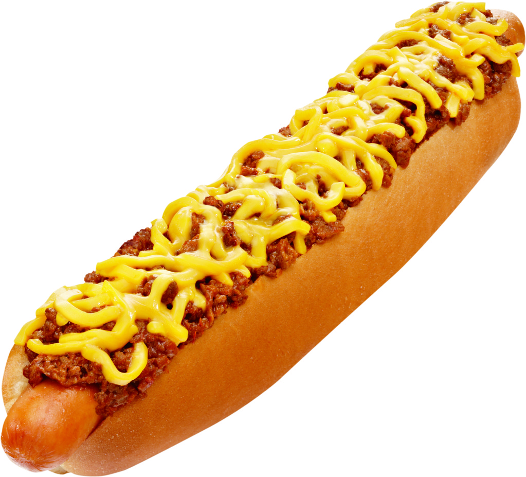 A chili cheese hot dog in a soft bun, topped with generous zigzag mustard drizzle.