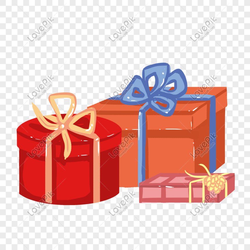 Three colorful gift boxes-red round, orange rectangular, and pink square-each wrapped with decorative ribbons and bows.