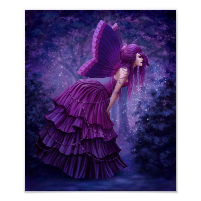 A purple-winged fairy in a ruffled gown stands in a mystical forest under starry twilight skies.