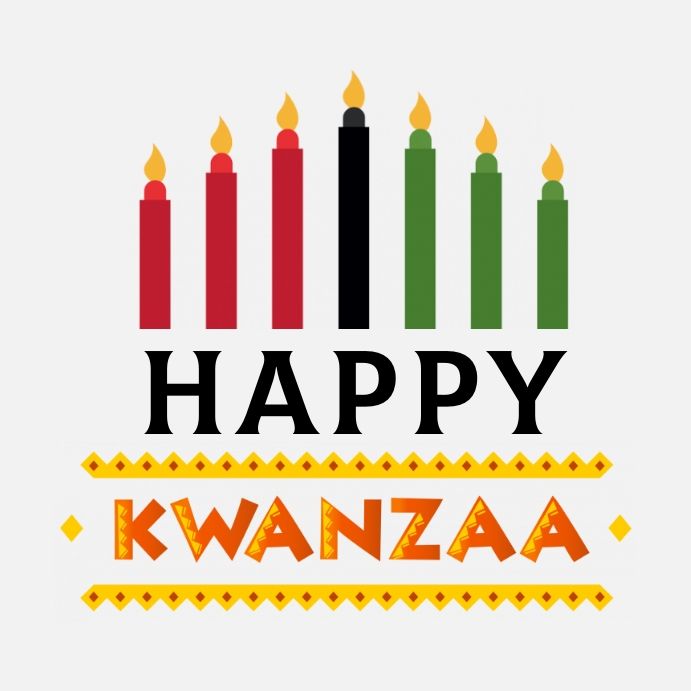 Seven Kwanzaa candles (Mishumaa Saba) in red, black, and green with "Happy Kwanzaa" text and decorative African-inspired borders.