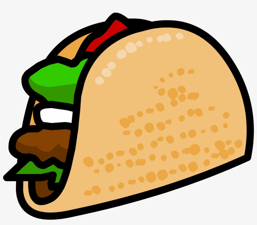 Cartoon-style taco with lettuce, tomato, and ground beef in a soft shell.