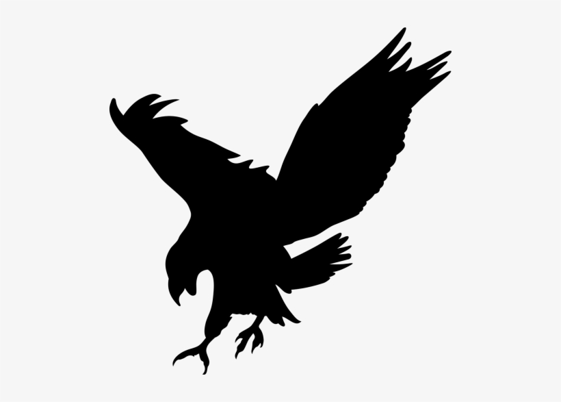 Silhouette of a soaring eagle with outstretched wings and talons extended, captured mid-dive against a plain background.