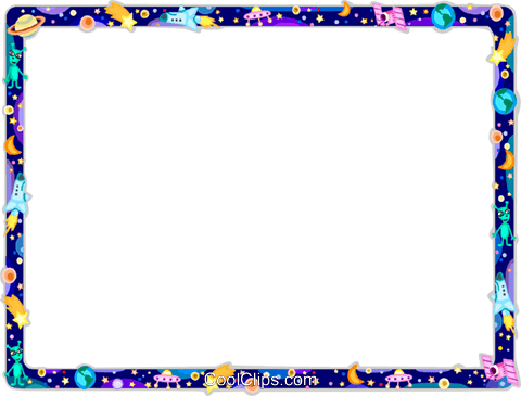 Colorful space-themed decorative border with planets, rockets, stars, and aliens on a dark blue background.