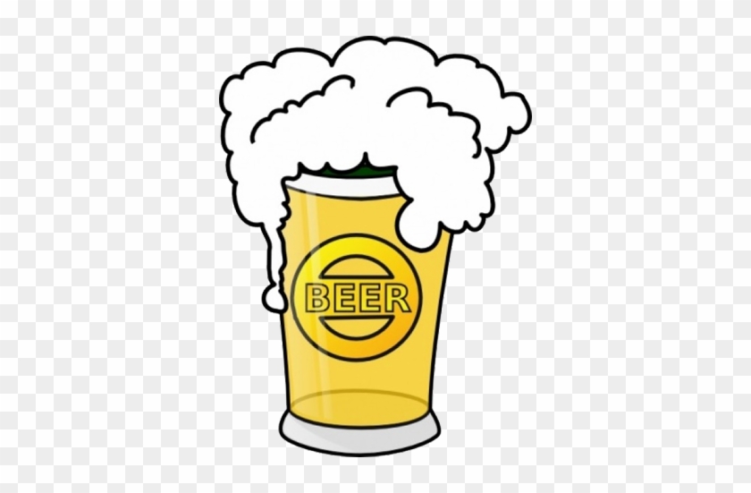 Cartoon-style pint of beer with overflowing foam and "BEER" logo on glass.