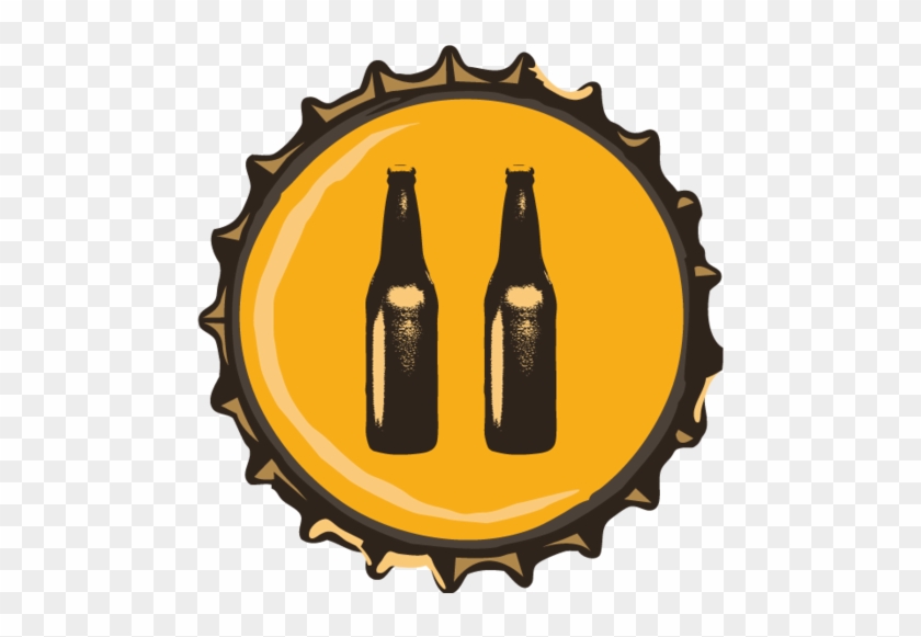 Golden bottle cap icon featuring two dark beer bottles on a yellow background.