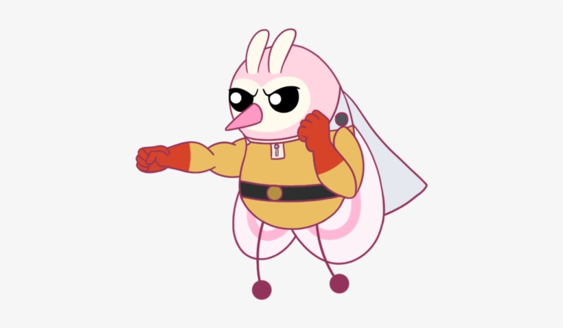 A pink anthropomorphic insect superhero in a yellow suit, red gloves, and cape, striking a determined fighting pose.