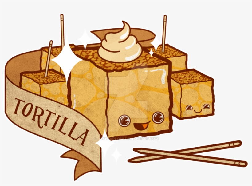 Cute illustrated tortilla cubes with faces, chopsticks, and a banner labeled "TORTILLA".
