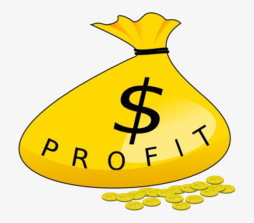 Yellow money bag labeled "PROFIT" with dollar sign and scattered gold coins.