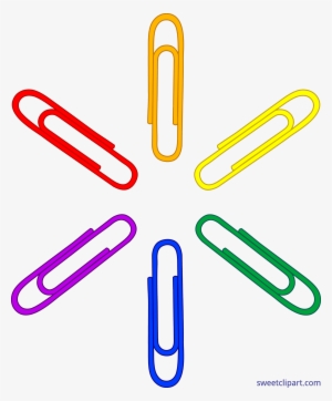 Six colorful paper clips-red, orange, yellow, green, blue, purple-arranged in a circular rainbow pattern on white background.