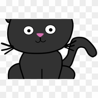 Cute cartoon black cat sitting with big eyes, pink nose, and curved tail on transparent background.