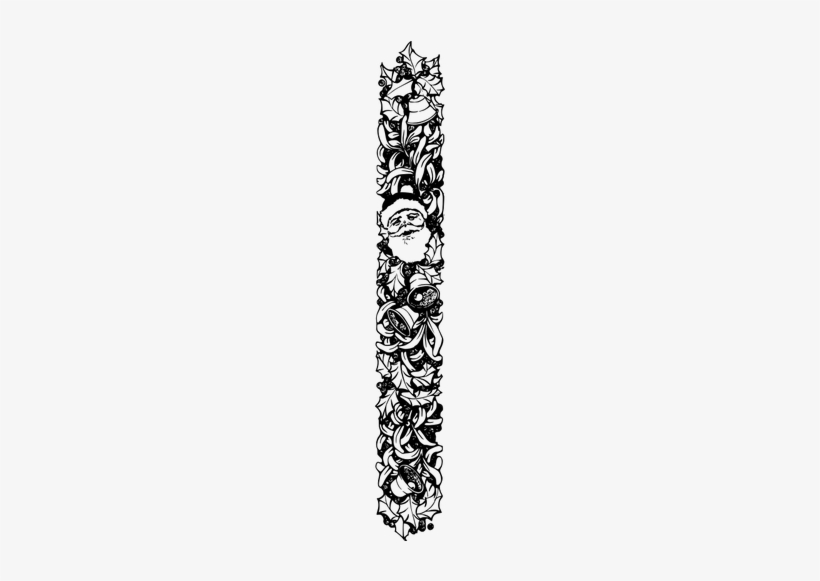 Black-and-white vertical Christmas border featuring Santa, holly, bells, and ornaments in ornate line-art style.