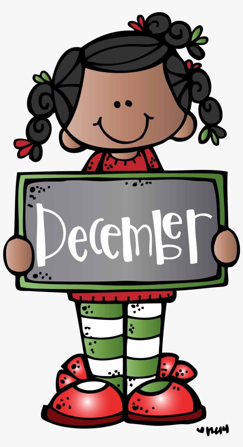 Smiling cartoon girl with pigtails holding a chalkboard sign that says "December", dressed in festive red and green attire.