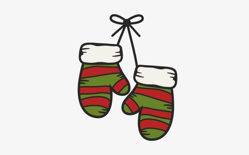 A pair of festive red-and-green striped Christmas mittens hanging from a black ribbon bow.