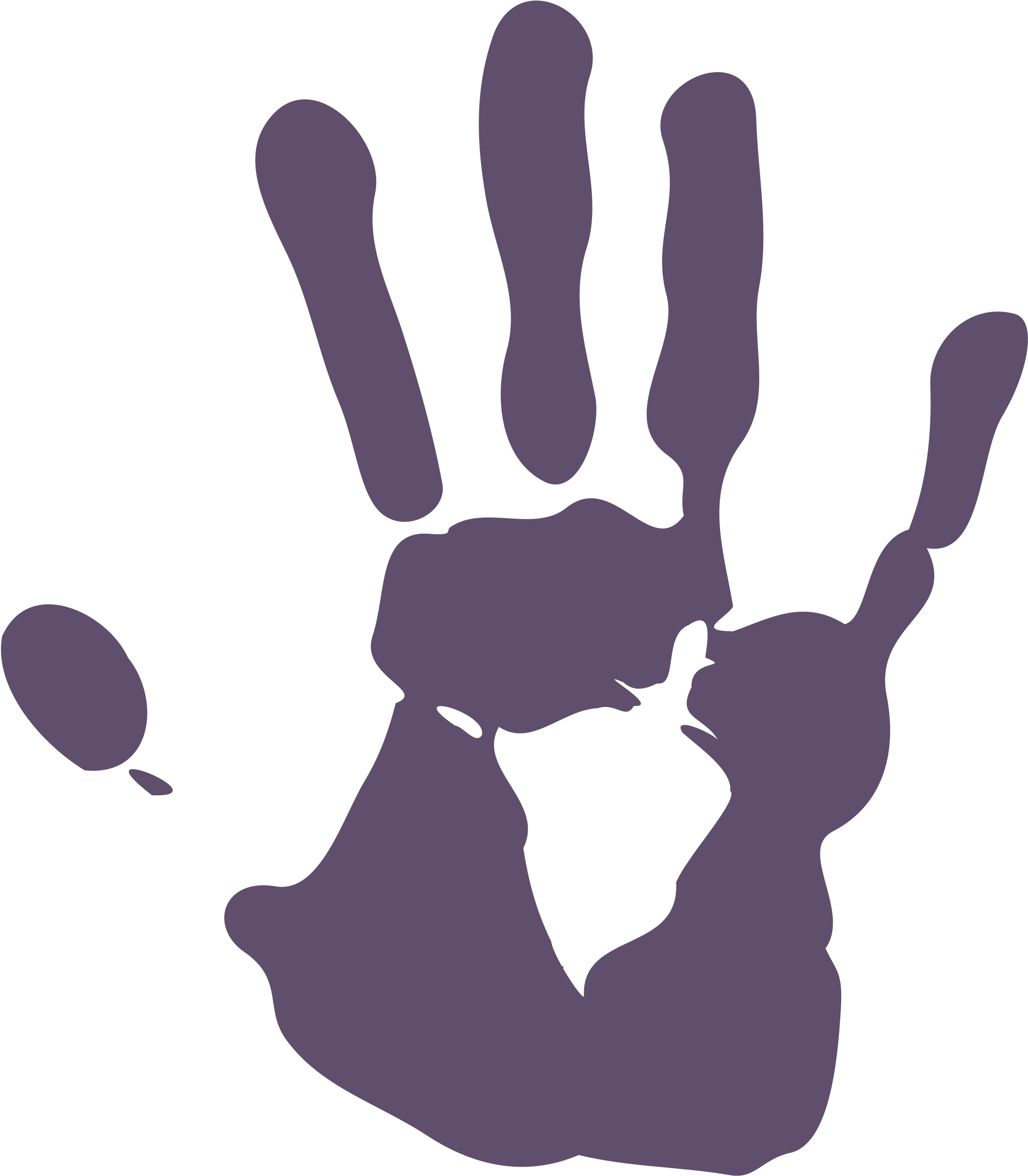 Purple handprint silhouette with five fingers spread and small ink splatter on left side, against black background.