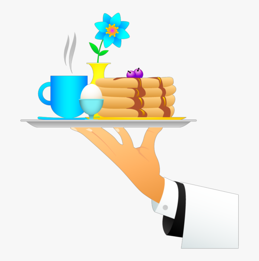 A waiter's hand in a white cuff holds a silver tray with pancakes, coffee, boiled egg, blue flower, and berries.