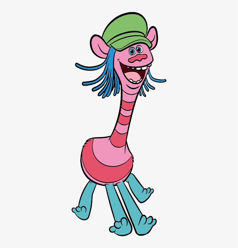 A cheerful pink troll with a long striped neck, blue hair, green cap, and turquoise limbs, smiling widely.