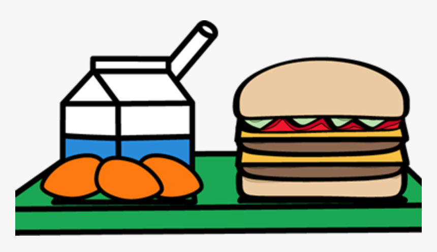 A cartoon-style school lunch tray with a milk carton, three oranges, and a double-decker hamburger.