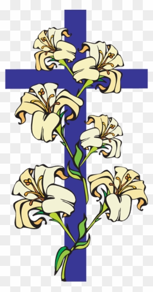 Blue Christian cross adorned with white lilies symbolizing purity, resurrection, and hope.