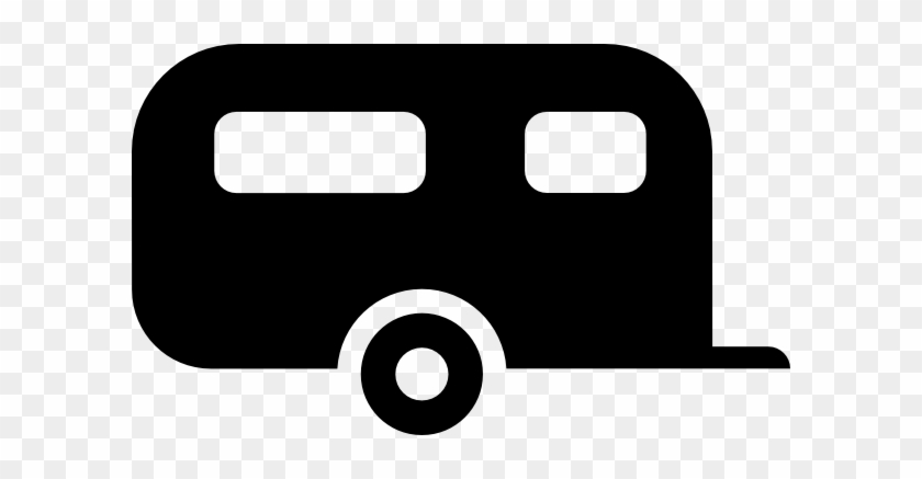 Black silhouette icon of a travel trailer with two windows and one wheel on transparent background.