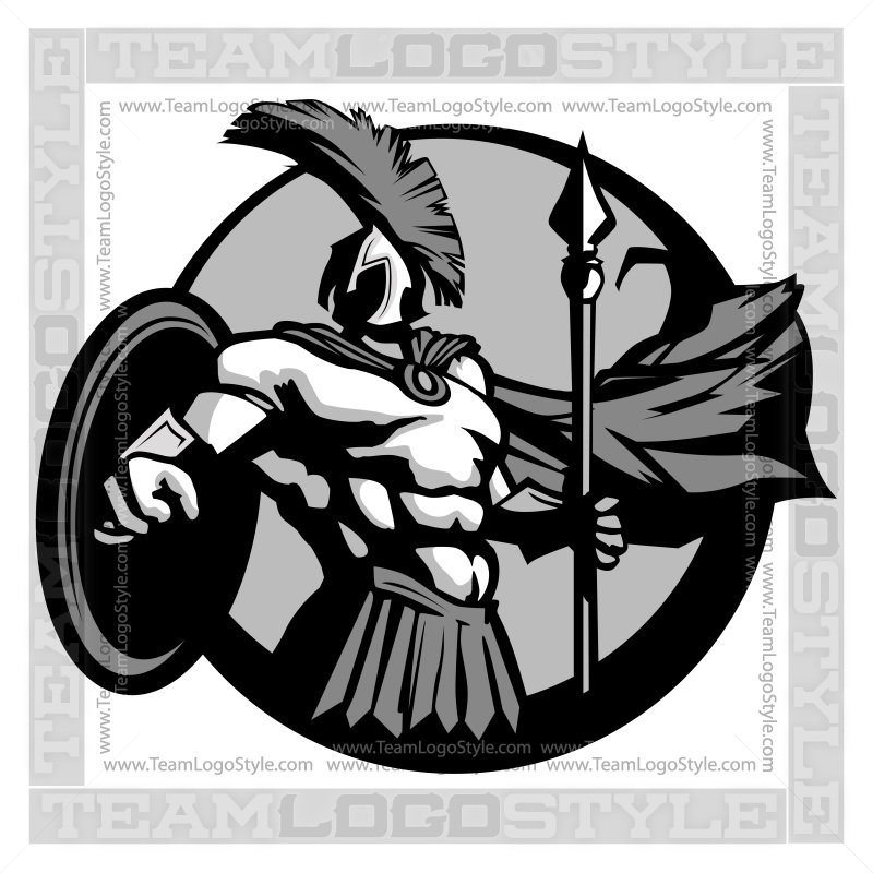 Black-and-white Spartan warrior logo holding spear and shield, wearing helmet with plume, in circular emblem style.