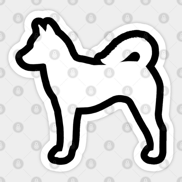 Black-and-white line art silhouette of a standing dog with curled tail, resembling a Shiba Inu or similar spitz breed.