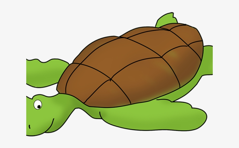 Green cartoon turtle with brown shell swimming, friendly expression and visible eye.