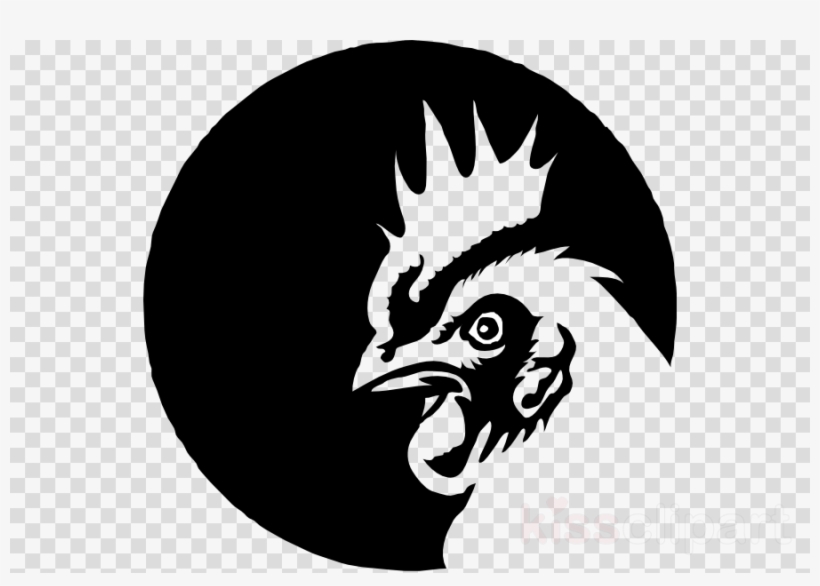 Stylized black-and-white rooster head silhouette within a circular frame, facing right with prominent comb and open beak.