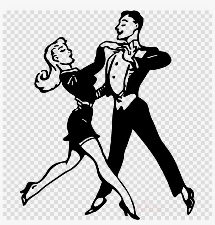 Vintage black-and-white illustration of a stylish 1950s couple dancing in formal attire, mid-twirl with expressive poses.