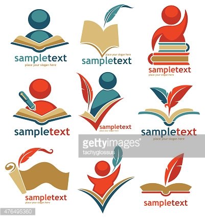 Collection of nine educational logo designs featuring books, quills, students, and learning symbols in vibrant colors.